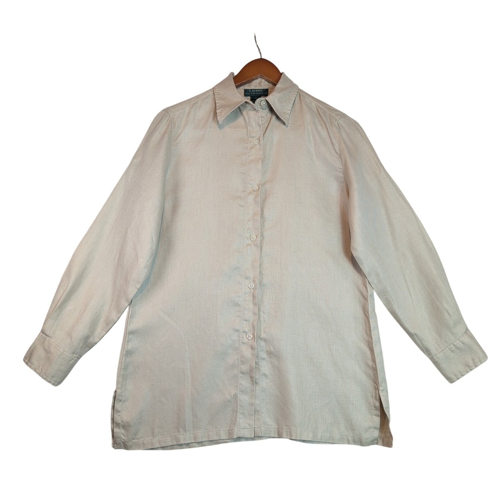 Lauren Ralph Lauren Beige 100% Linen Button Down Shirt Womens Small Long Sleeve